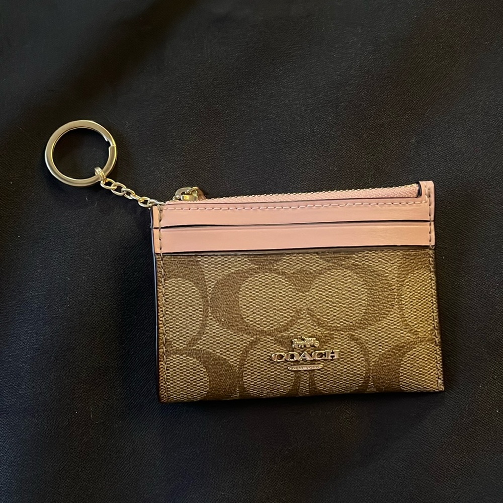 Coach Brown and Pink Key Chain Wallet with Gold Accents